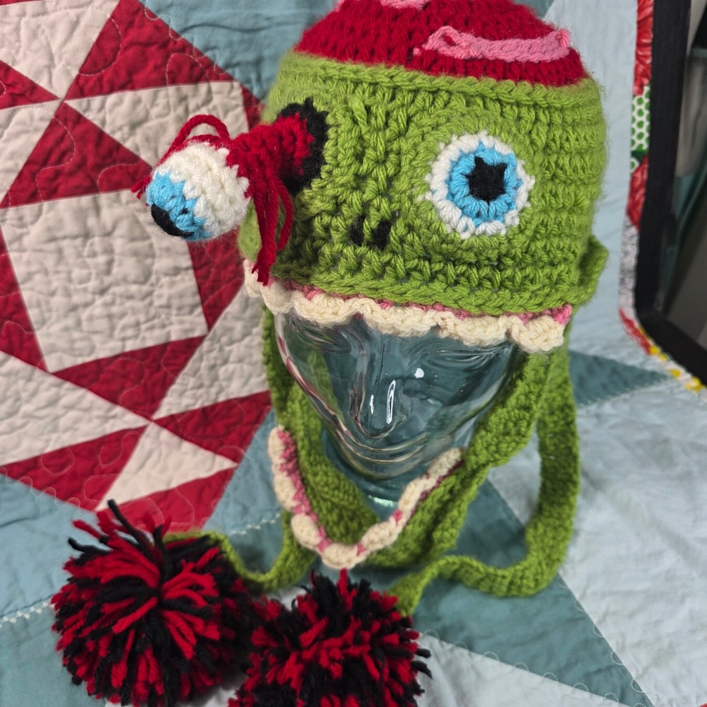 Handmade Crochet Zombie Beanie Adult OS Brain Popped Out Eyeball Brains Hat